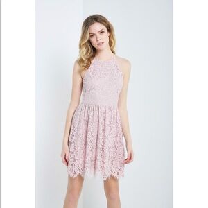 Mauve High Neck Scallop Hemline Lace Dress